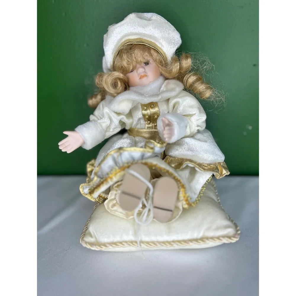 Vintage Musical Porcelain Doll on Pillow White Gold Velvet Dress Wind Up Blonde